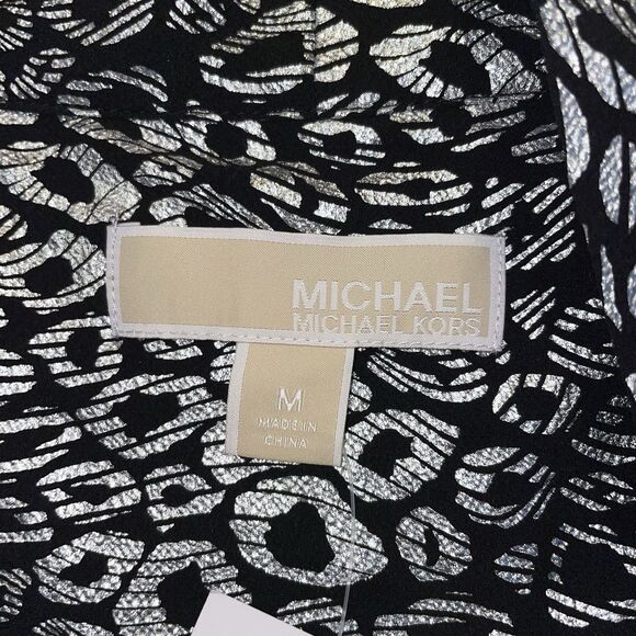 Michael Kors Black & Silver Shimmering Animal Print Blouse With Tie Size M NWT - Picture 3 of 10